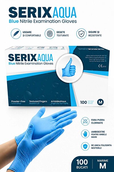SERIX Set 100 Manusi Examinare Nitril Albastre, Nepudrate, Aqua (M)