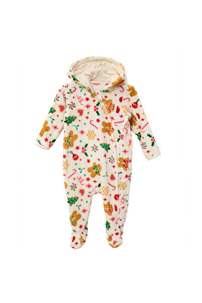Zumzeria Salopetă de Crăciun din fleece, ecru, cu figurine Moș Crăciun și glu...