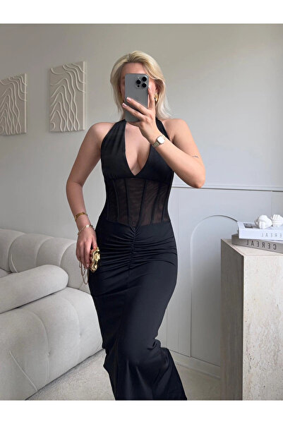 Zora Butik Güpür Korseli Maxi Elbise - SİYAH