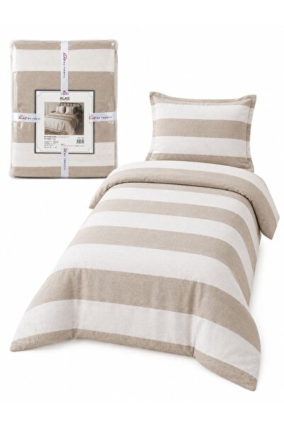 ALAS ALAS Single Duvet Cover Set Set, 100% Cotton, Beige/Cream Striped Patter...