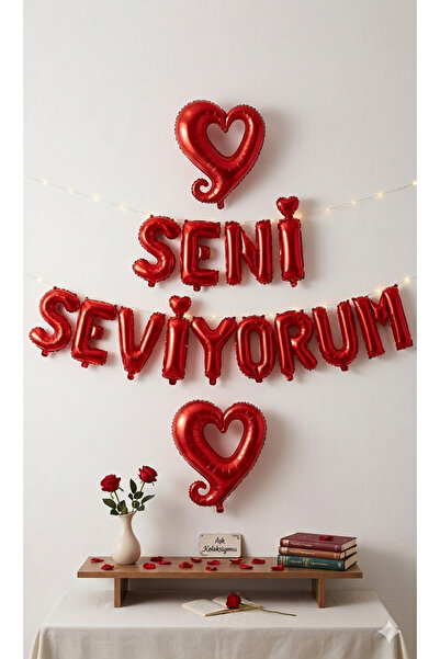 ÇAVUŞ E-TİCARET SENİ SEVİYORUM YAZILI Kırmızı Folyo Balon Seti ve 2 Adet Kalp...