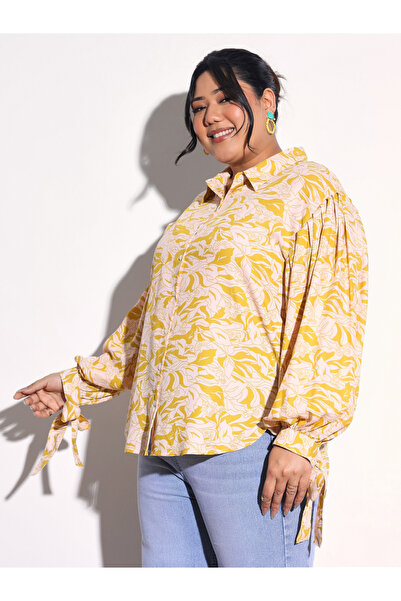 Sassafras By Styli Plus Size Yellow Floral Print Collared Shirt