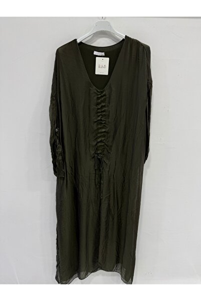 della moor Italian Dark Khaki Fold-Over Collar Gathered Long Sleeve Lined Lon...