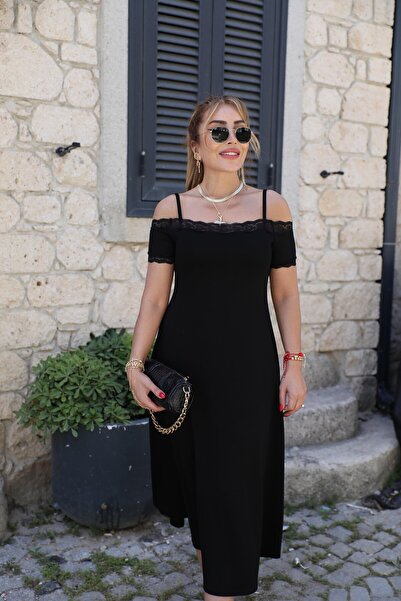 QİMYA BUTİK Buketli̇ Women's Madonna Collar Strap Neckline Lace Trim A-Line C...