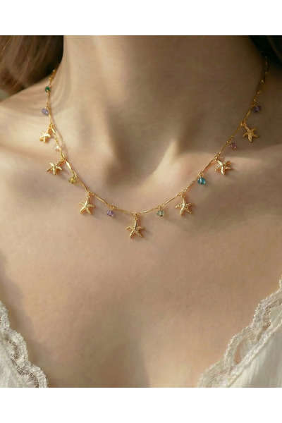 Gleemy accesories Gold Renk Deniz Yıldızı Figürlü Renkli Kalp Detaylı Zarif K...