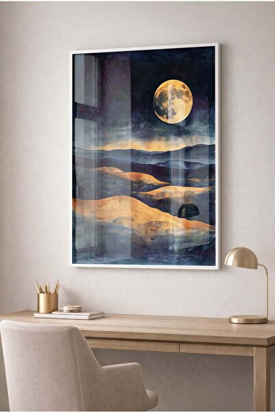 Zevahir Mobilya Dekorasyon Night View Moon and Golden Hills Themed Glass Pain...