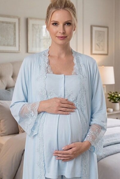 LOHOUSE Women's Blue Lace Maternity Pajama Set with Nursing Features and Adju...