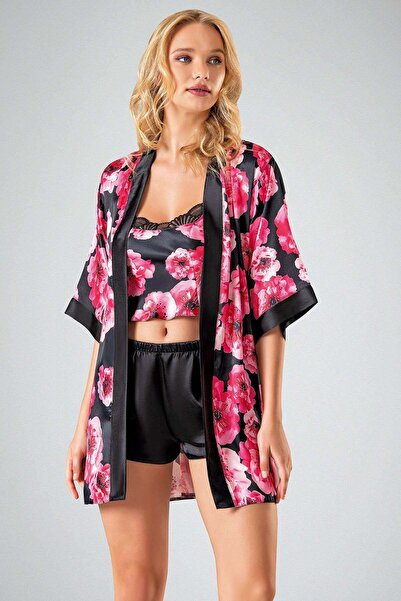AHU طقم شورت نسائي من الساتان الأسود بنقشة الزهور مكون من 3 قطع