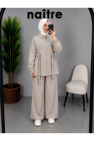 naitre طقم من قطعتين من قماش المودال بتفاصيل حزام واسع الساقين للحجاب الإسلامي