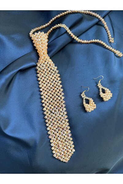 Mery Gold kristal kravat küpe set