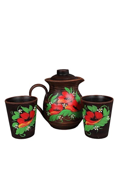 LimArt Ceramic Carafe Set with Lid, 1.5L and 2 Cups (350ml), Hand-Painted Flo...