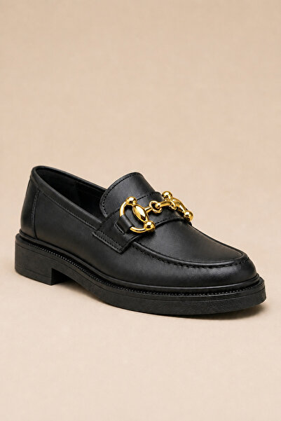 Scarpebutik Loafer Thick Soled Orthopedic Black H Gold Buckle Detailed Ballet...