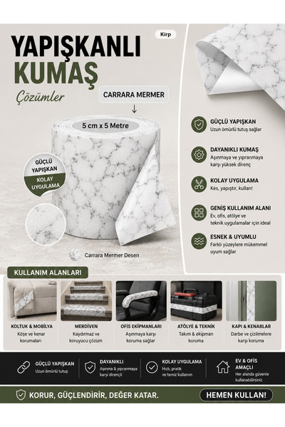 Aybas 5 cm x 5 Metre Carrara Mermer Desenli Kumaş Yapışkan Bant – Mobilya Kap...