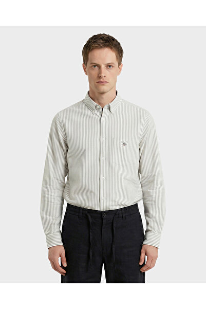 Gant Erkek Yeşil Regular Fit Çizgili Logolu Gömlek