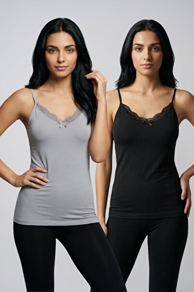 fevien 2-Pack Women's Cotton V-Neck Lace Detailed Thin Rope Strap Undershirt ...