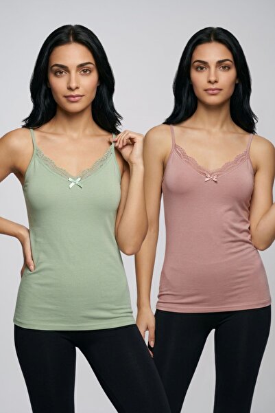 fevien 2-Pack Women's Cotton V-Neck Lace Detailed Thin Rope Strap Undershirt ...