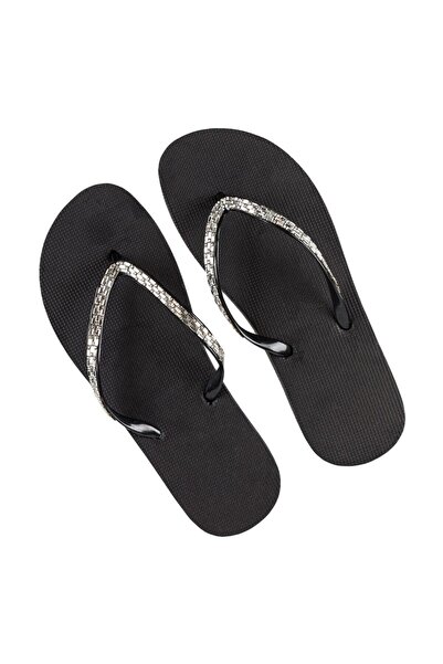 Zumzeria Black Beach Sandals with Strap and Rhinestones for Women
