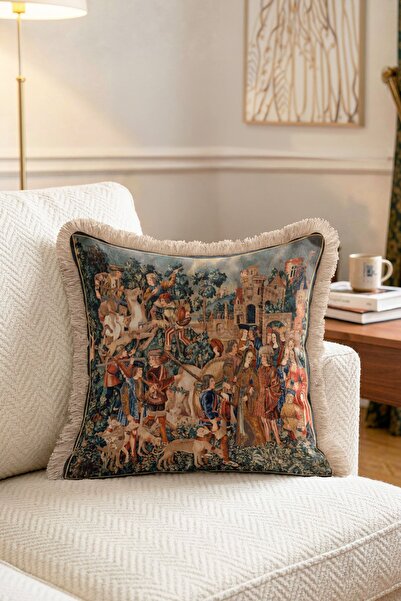 IdeCraft Medieval European Palace Scene Fringed Throw Pillow Cover Cream Tass...