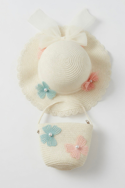 Mollycrush Gift Girl's Pearl Detailed Bowknot Cream Hat and Bag Set |   Summe...