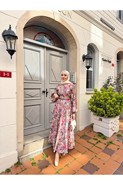 LOCCO Kadın Çiçek Desen Düğmeli Ve Bel Bağlamalı Elbise Pembe