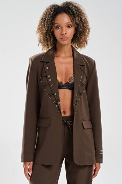 tw3 Women's Eyelet Lace Detailed Lined Design Blazer Jacket