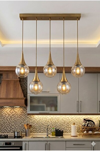 VENON Elora 5.li SIRALI ✨ ESKİTME ✨ BAL GLOP CAMLI ✨ Yemek Masası Avizesi Sal...