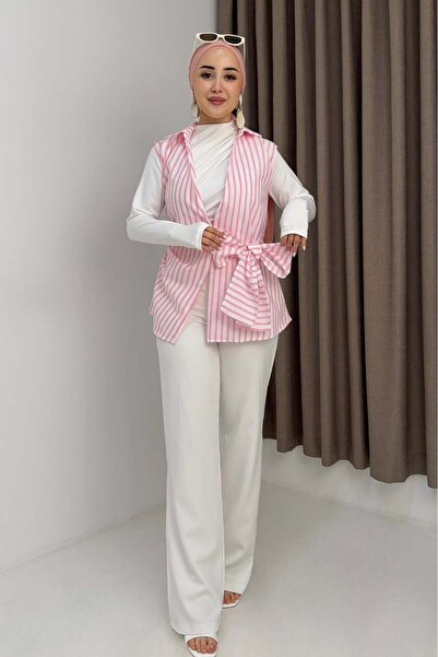 Raneel Kazançlı Alışveriş Women's shirt collar waist tie sleeveless blouse pink