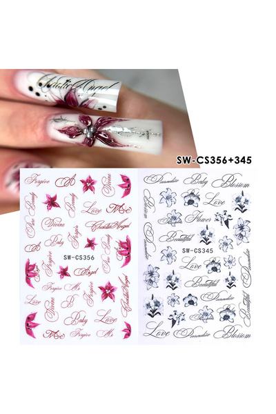 Choice ملصقات أظافر SW-CS356 345 بتصميم زهور الزنبق باللونين الوردي والأسود، ...