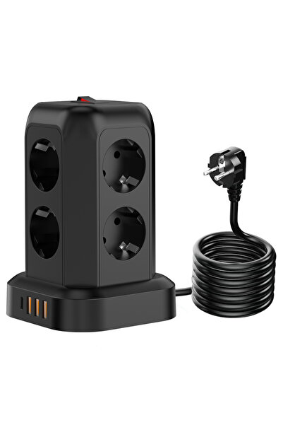 Choice EU Black Tower 8 Way Outlets Socket Multi Power Strip Vertical 1.8m Ex...
