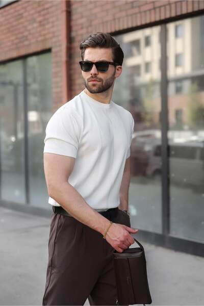 Madmext White Regular Fit Crew Neck Ribbed Knitwear Men's T-Shirt E7490