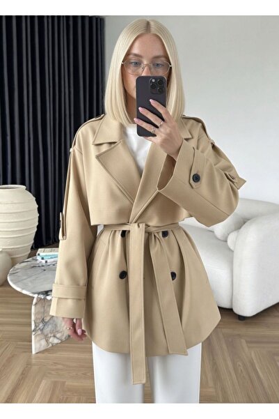 Hilals Butik Camel Renk Ara Boy Oversize Standart Trençkot
