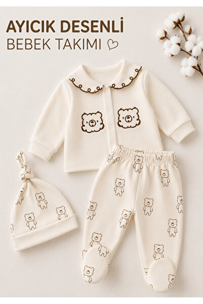 LUMY KIDS Teddy Bear Patterned Hat 3-Piece Baby Set 3-9 Months