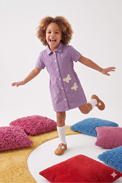 Momivi Kids Kız Çocuk Gömlek Yaka Belden Büzgülü Kelebek Nakışlı %100 Pamuklu...