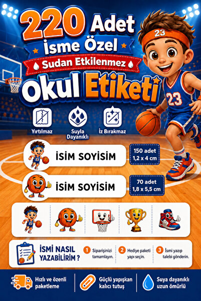 cabuk baskı Basketbol Temalı Okul Etiketi 220 Adet Özel İsim Yazılabilen Suya...