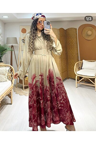 GAMZE ALPTEKİN Rochie lungă cu șliț și curea cu model premium – Rochie elegan...