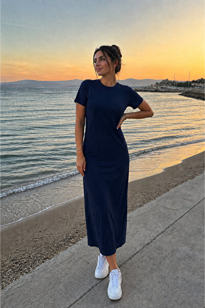WOMEN'S SHORT SLEEVE CASUAL MİDİ CASUAL STRETCH DRESS