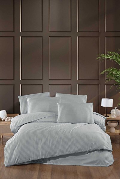 BAYÇAĞRI Stripe Saten Line Double Duvet Cover Set Gray