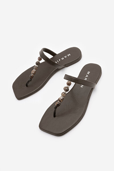 Marjin Women's Blunt Toe Flip-Flop Strap Beaded Daily Slippers Dekase Brown