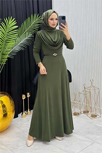 Dipmoda Women's Khaki Sandy Fabric Degaje Collar Belt Detailed Hijab Dress --...