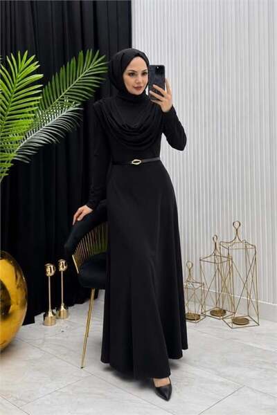 Dipmoda Women's Black Sandy Fabric Degaje Collar Belt Detailed Hijab Dress --...