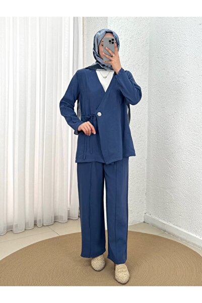 Holehola Şimşek Side-Tie Gold Buttoned Trousers Suit-Gs2418 Indigo