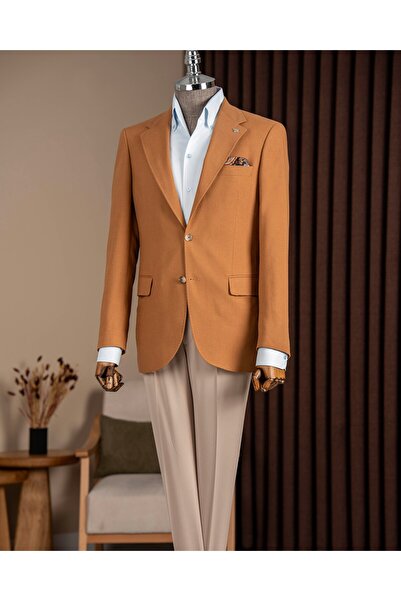 TerziAdemAltun Slim Fit Men's Mono Collar Blazer Jacket Camel T20145-11