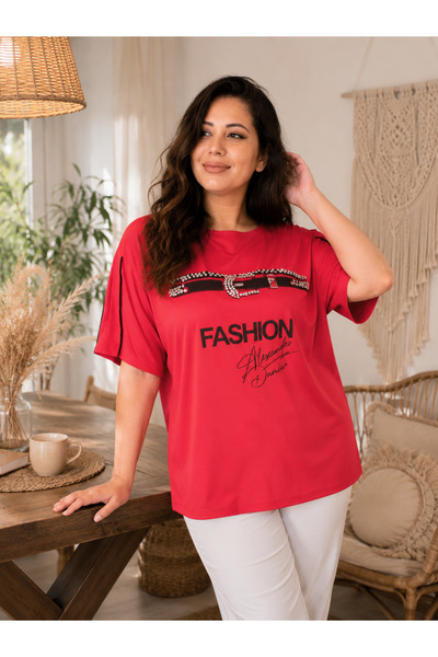 lavelina Plus Size Fashion Letter Print Stone Belt Detailed Short Sleeve Wome...
