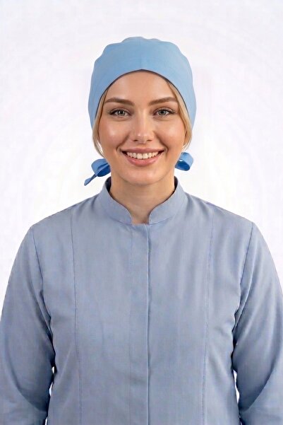Nur Medikal Giyim Alaska Mavisi Düz Tesettür Doktor Hemşire Aşçı Cerrahi Saç ...