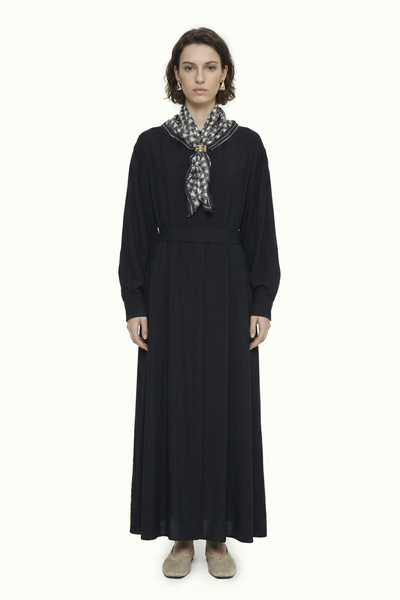 Zühre Flowing Black Dress with Belted Shawl Detail 0579