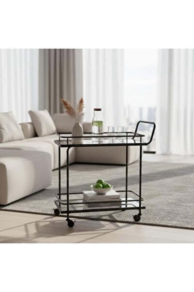 Mily Black metal and glass serving cart with wheels – two-tier hospitality tr...
