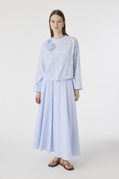 Zühre Floral Appliqué Striped Textured Blue Suit 1830