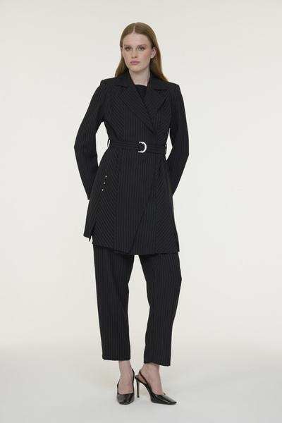Zühre Belted Striped Shawl Collar Black Suit 1911