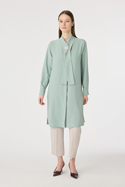 Zühre Pearl Detailed Shawl Collar Ecru Tunic Mint Tunic 1672