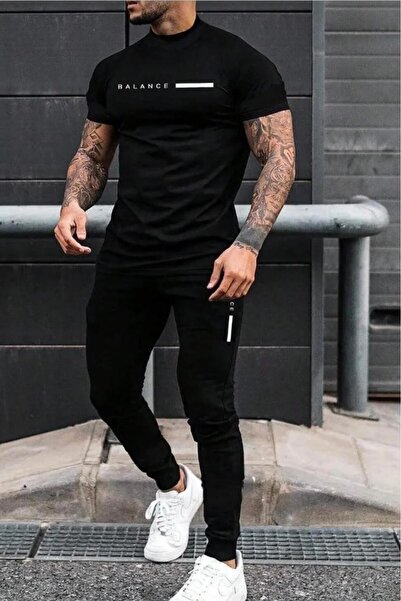 NO 601 Men's Black Balance Printed Oval Slimfit Tshirt Black Summer Tracksuit...
